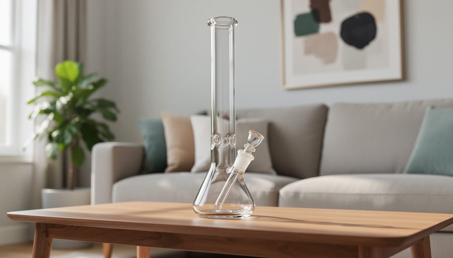 Adult hands holding a clear glass bong with the water line visible on a kitchen table near a window
