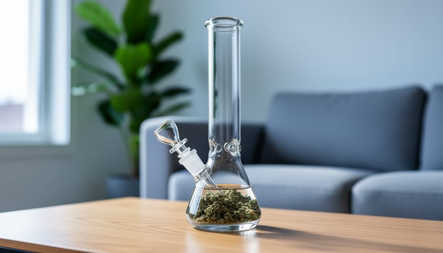 A clear glass bong with visible water chamber and bowl placed on a wooden table in a bright living room.