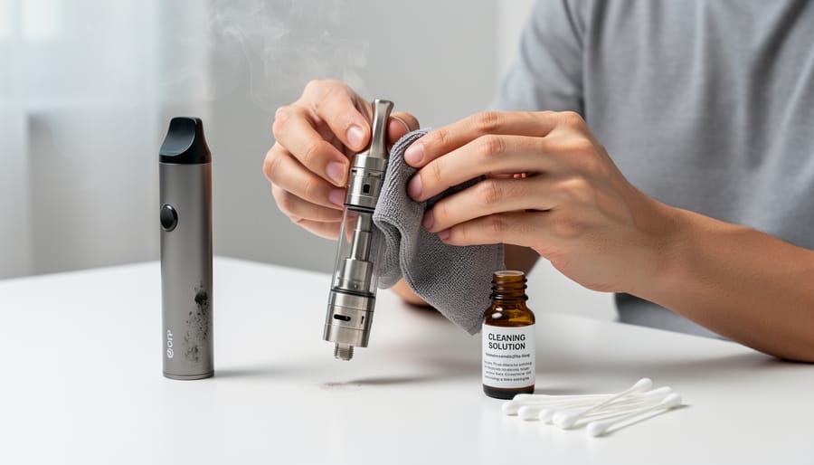 Cotton swab and isopropyl alcohol used to clean a vape device on a countertop
