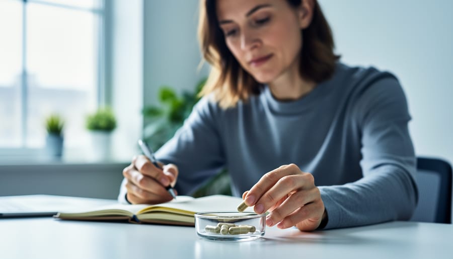 Person working at a desk in soft natural light with natural supplement capsules and a notebook nearby, suggesting a safer focus-supporting alternative.