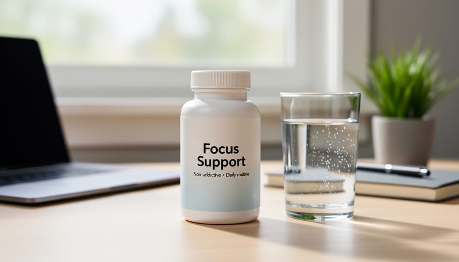 Hand holding a supplement bottle next to a glass of water on a clean desk