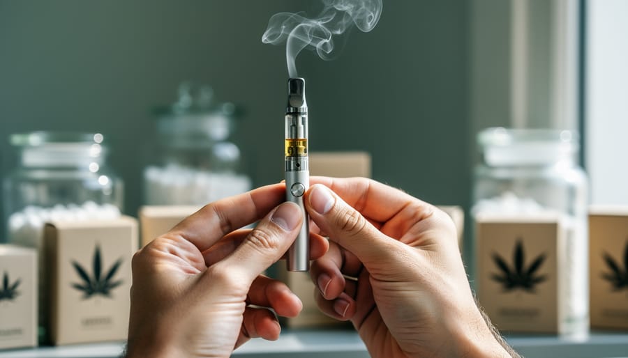 Close-up of hands holding a sleek hemp-derived vape pen with a faint vapor plume rising, photographed in a clean wellness setting.