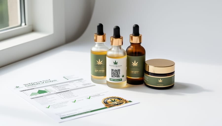 Hemp-derived vape cartridge next to a lab testing certificate on a phone in a clean workspace