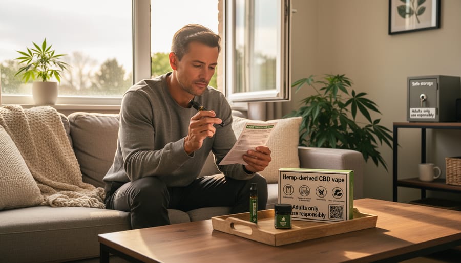 Person holding a vape device cautiously near a closed cabinet in a softly lit indoor setting