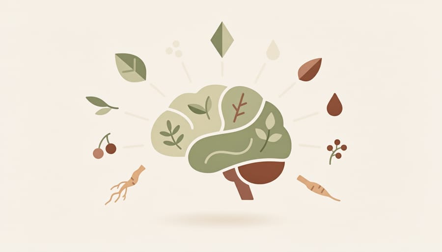 Walnuts and green herbs arranged to suggest brain health on a tabletop