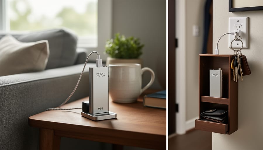 PAX Mini vaporizer on a kitchen counter with charging cable nearby