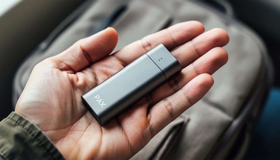 A PAX Mini dry herb vaporizer sitting in an open palm under soft daylight to show its compact, portable size.