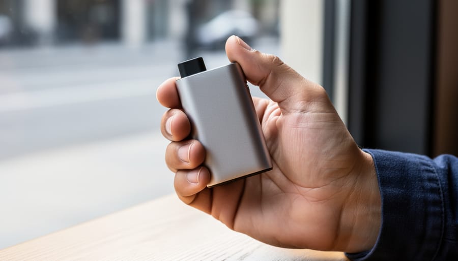 Hand holding a compact PAX Mini vaporizer near a clothing pocket