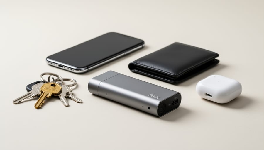 PAX Mini vaporizer shown on a tabletop next to a smartphone and credit card for size comparison