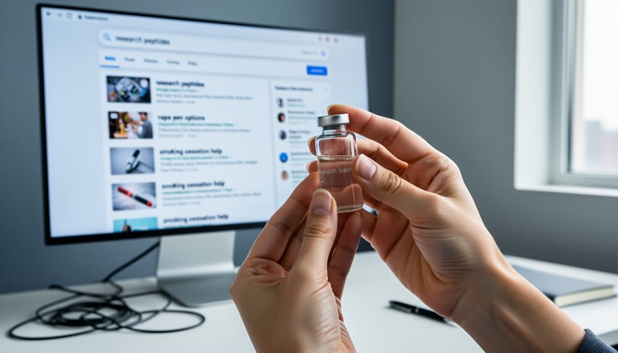 Hands holding a small laboratory-style vial next to a computer glow on a desk, illustrating confusion when searching for research peptides.