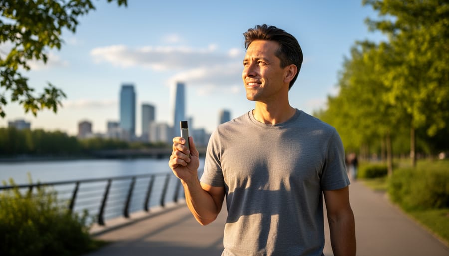 Person outdoors at golden hour holding a vape case in hand