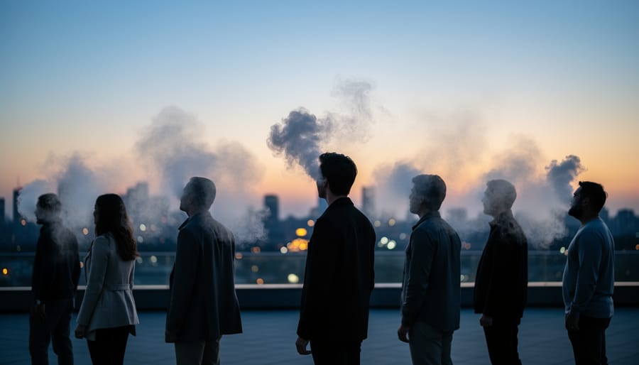 Two silhouetted people outdoors at dusk with different vapor or smoke haze in the air.