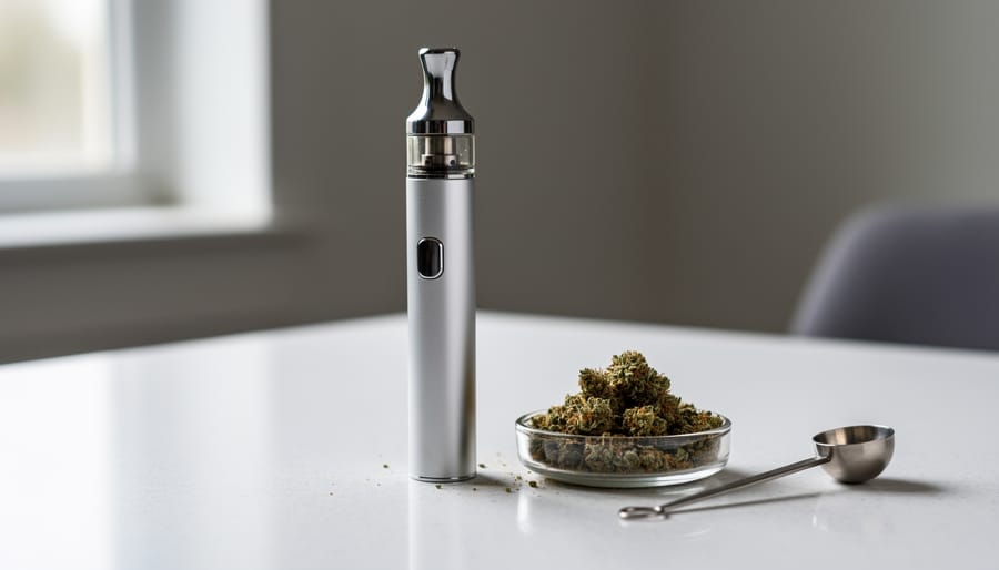 Hands holding a dry herb vaporizer with dried cannabis and a grinder on a clean tabletop.