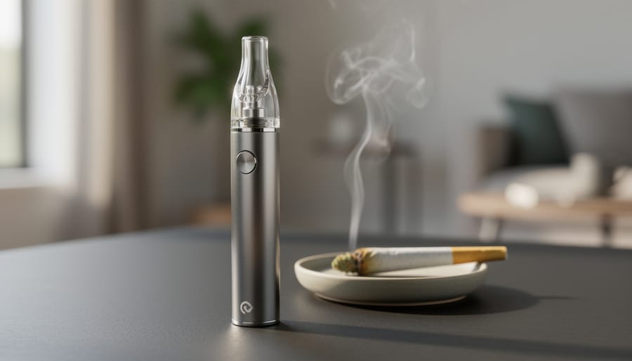 A sleek cannabis vaporizer with a glass mouthpiece sits next to a smoking setup with a lit joint on a dark tabletop under soft side lighting.